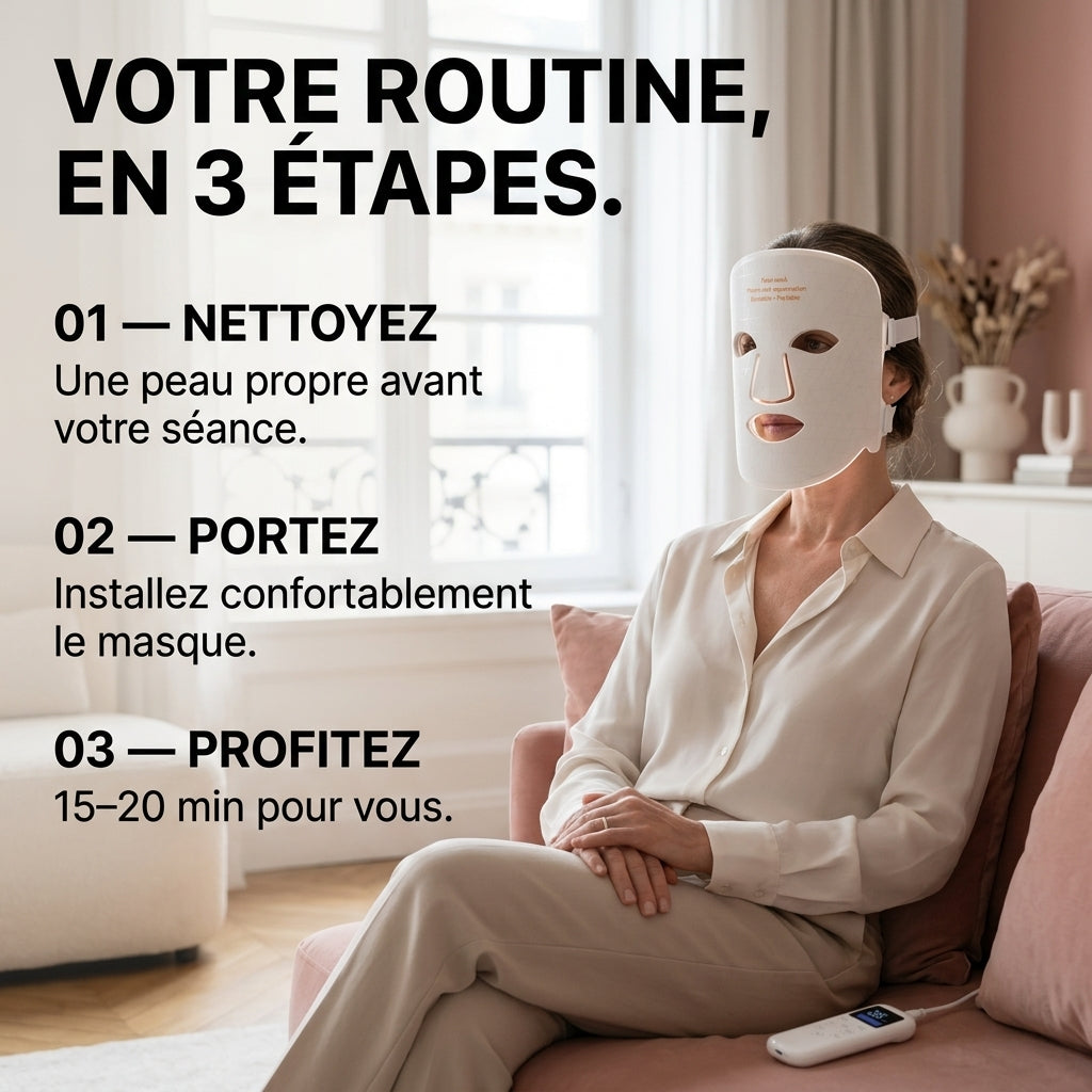 Masque LED Lumaraglow porté pendant une séance de luminothérapie