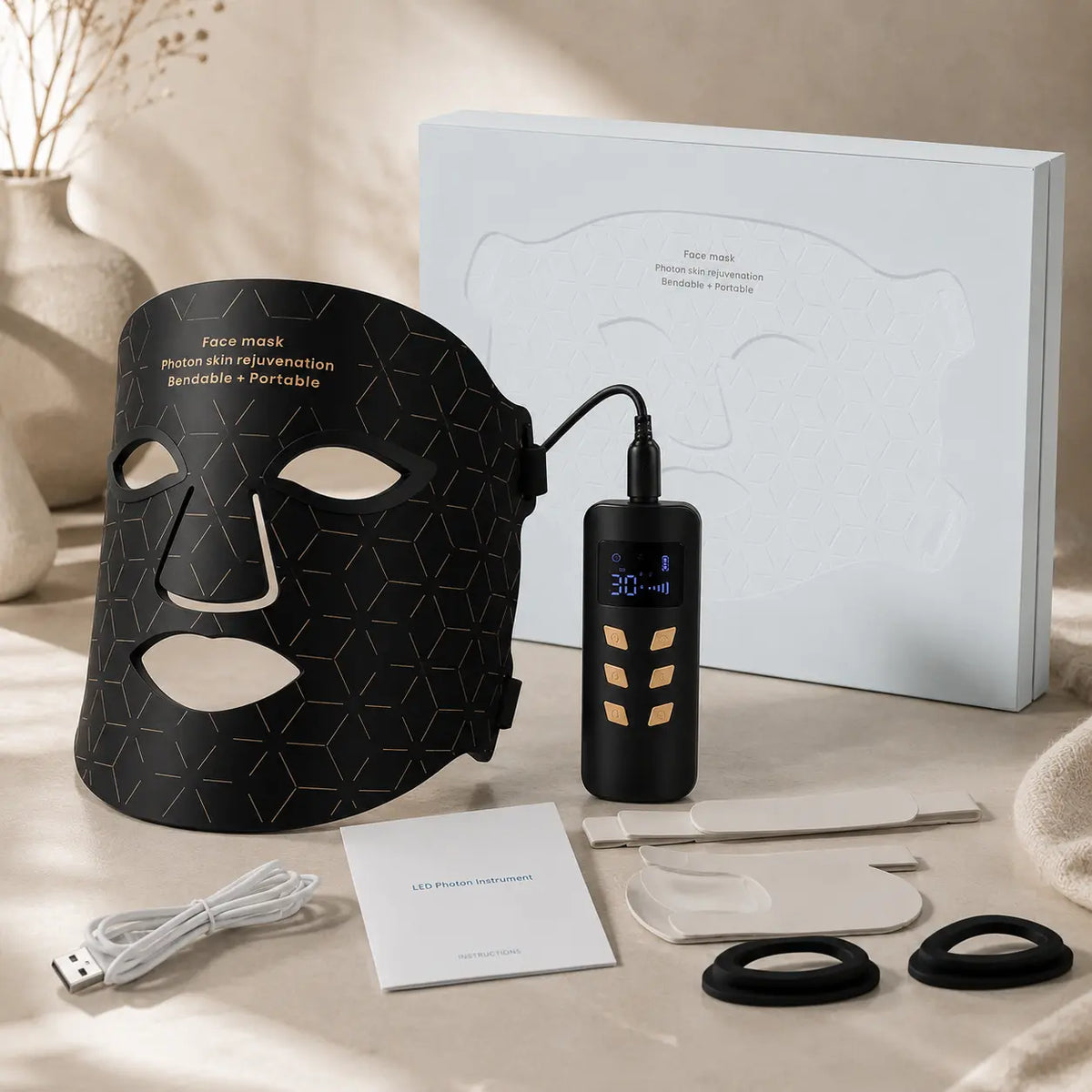 Masque LED Lumaraglow — vue du produit et de ses accessoires